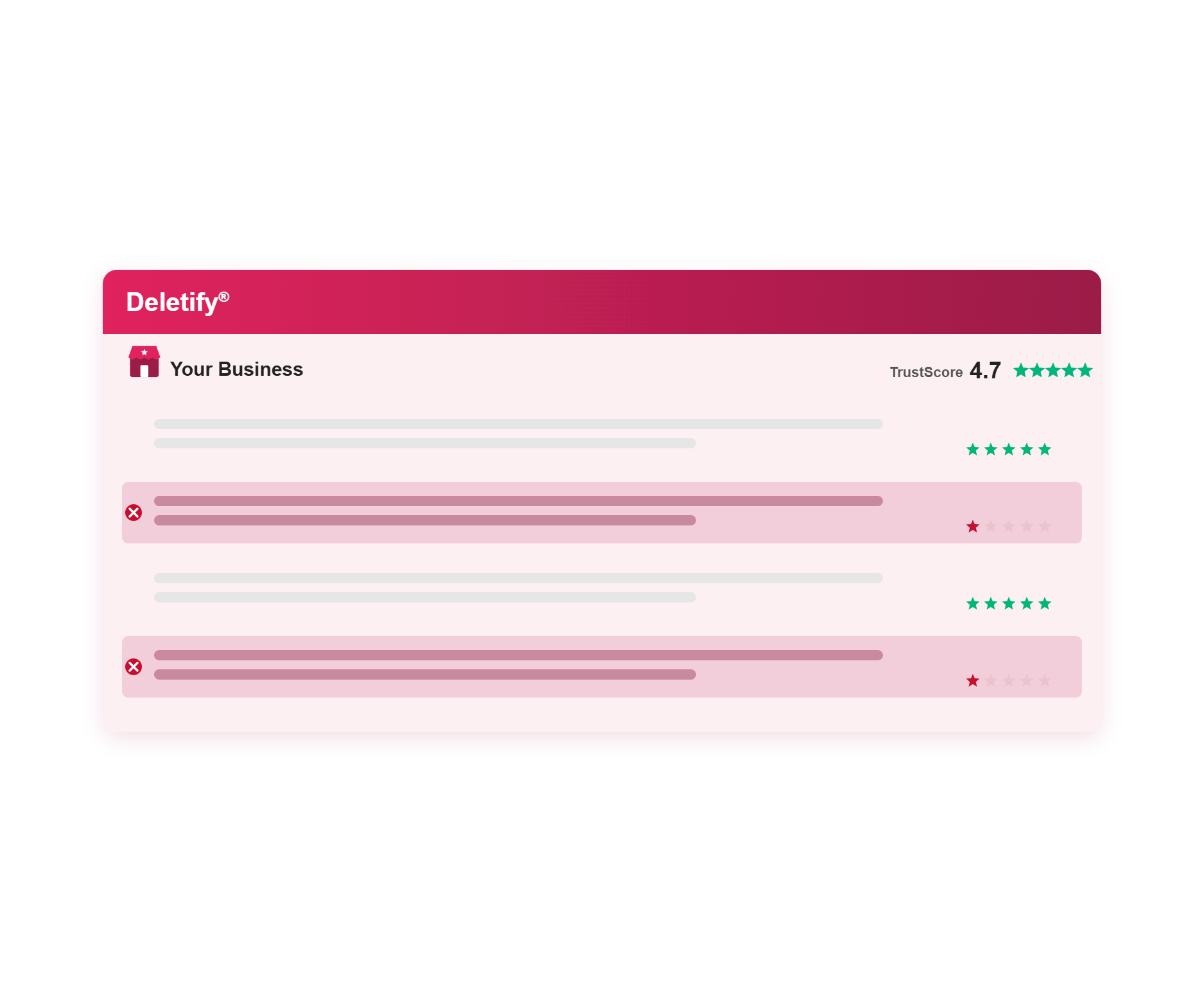 Illustration of a Trustpilot review list with fake reviews flagged for removal