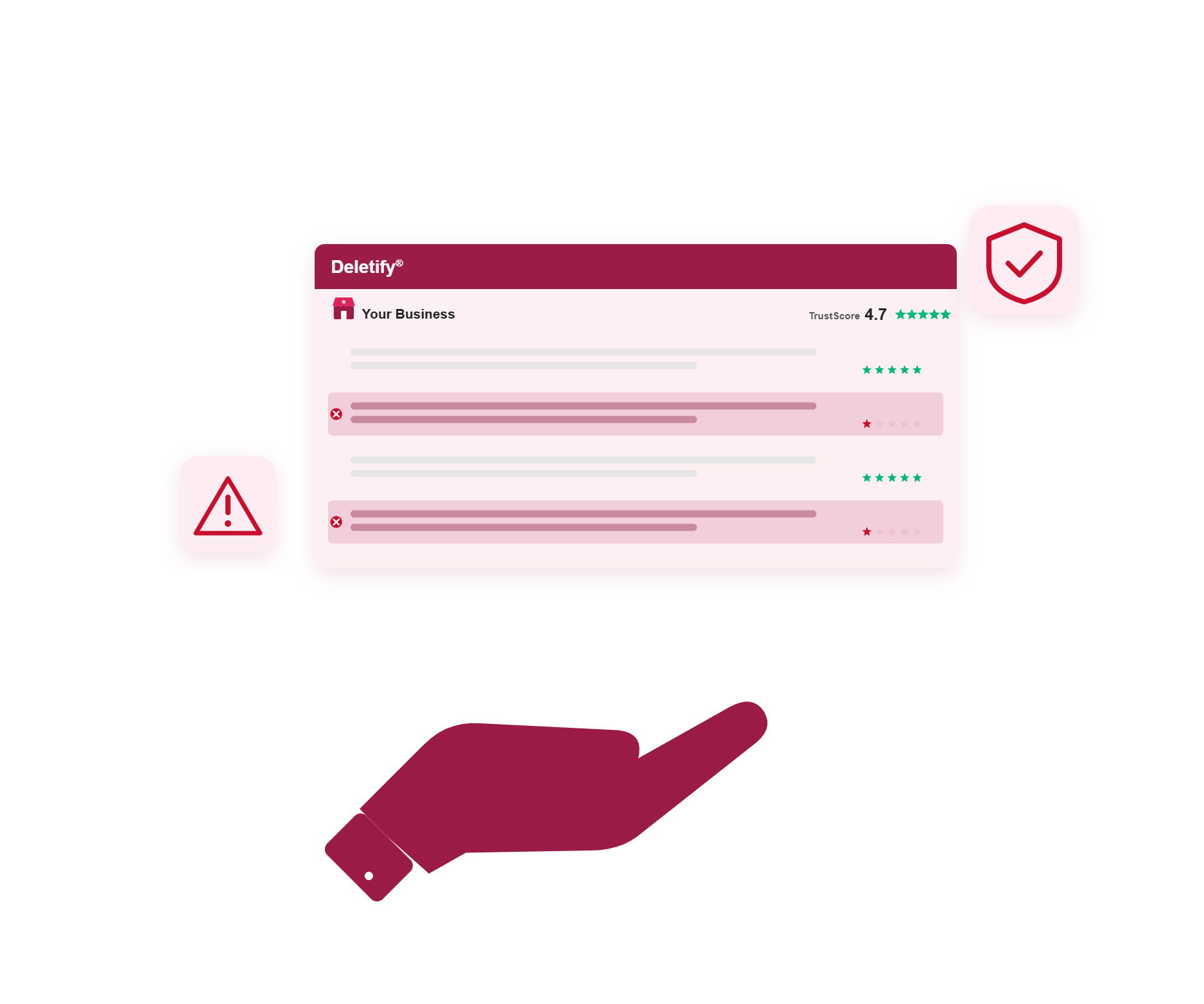Illustration of a hand protecting a business Trustpilot profile from harmful reviews